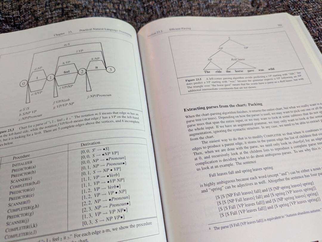 The first edition of AIMA open to the NLP chapter. Visible on these pages are a complicated parse chart for a simple sentence (I feel it), a table labelling the chart with parsing procedures and grammatical rules, and a parse tree for a slightly more complex sentence.