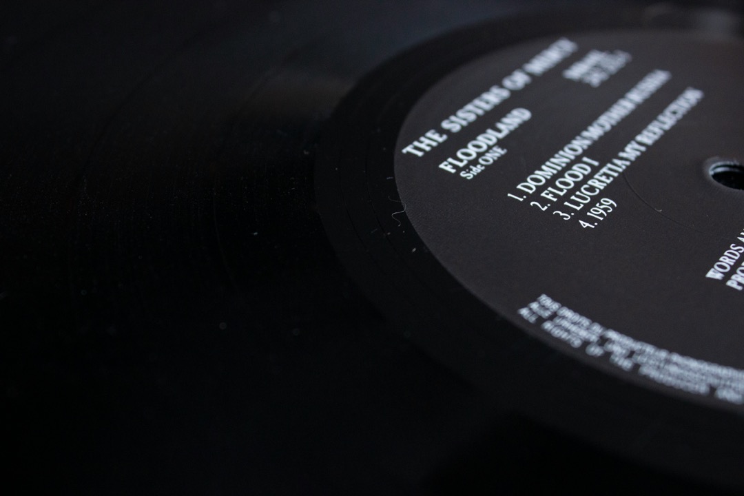 A tight, almost macro shot of a Sisters of Mercy record. A few bits of dust are visible on the vinyl.